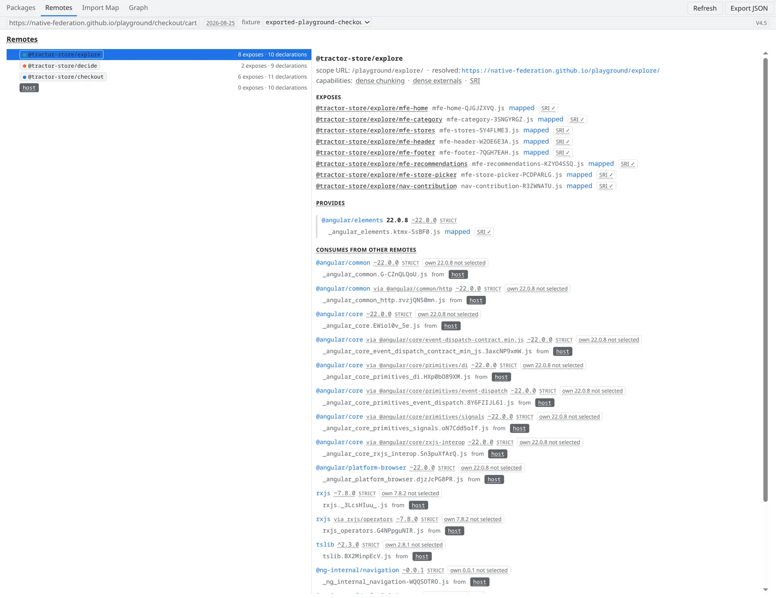 The Remotes tab: a remote's exposes with mapped files, what it provides to the federation, and every dependency it consumes from other remotes